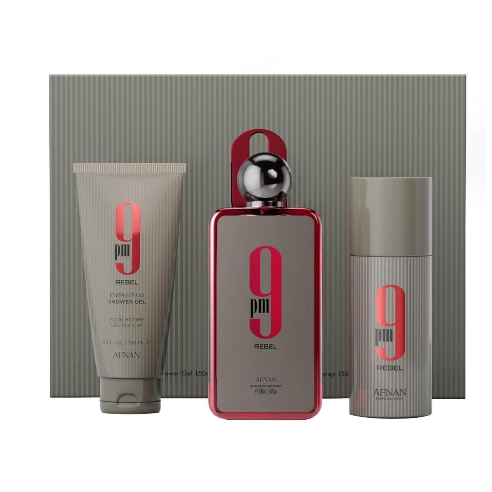 Afnan 9 PM Rebel EDP 100 ml + Deospray 150 ml + Shower Gel 150 ml Unisex Parfüm Seti