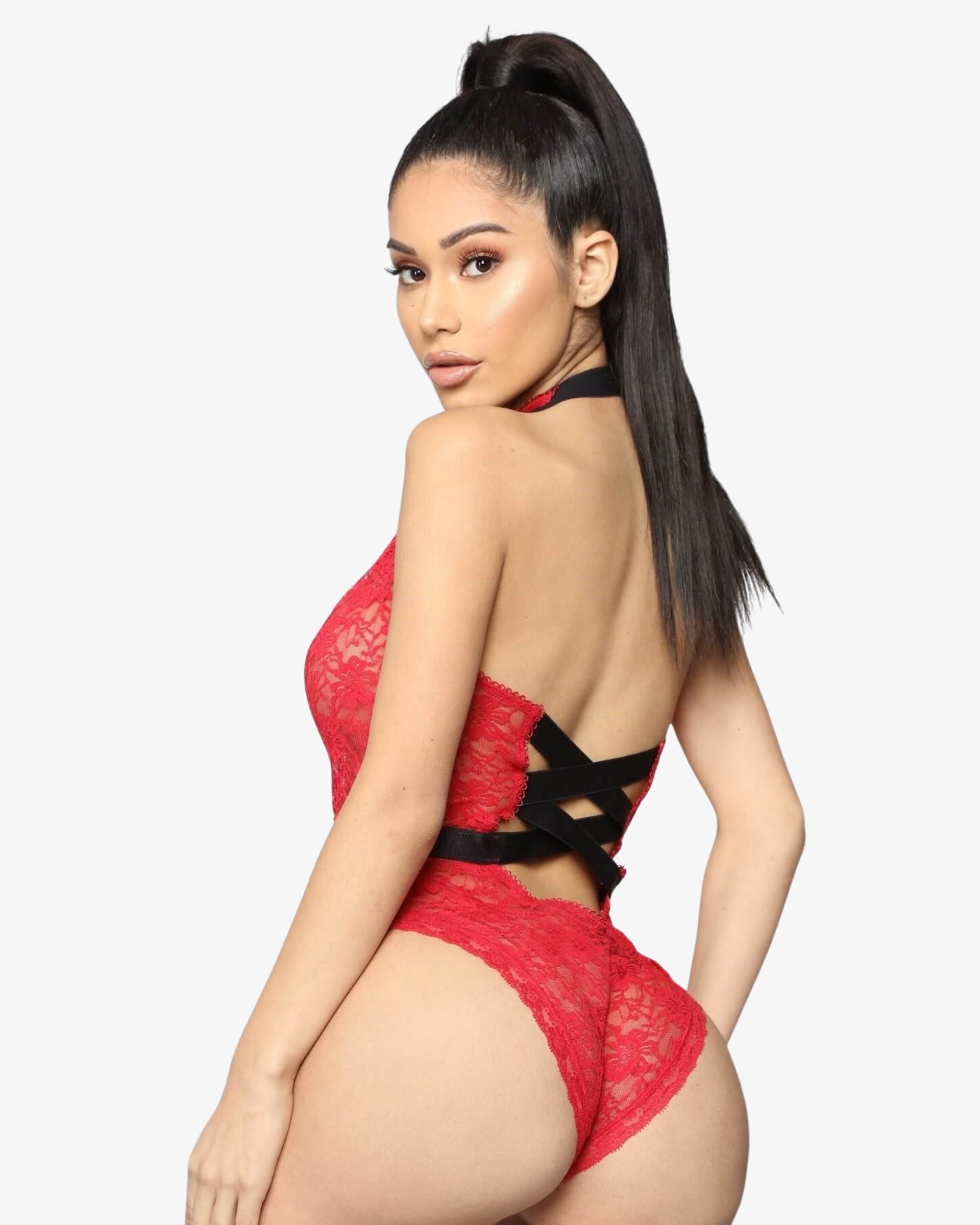 Kırmızı Dantel Fiyonklu Derin Dekolteli Bodysuit