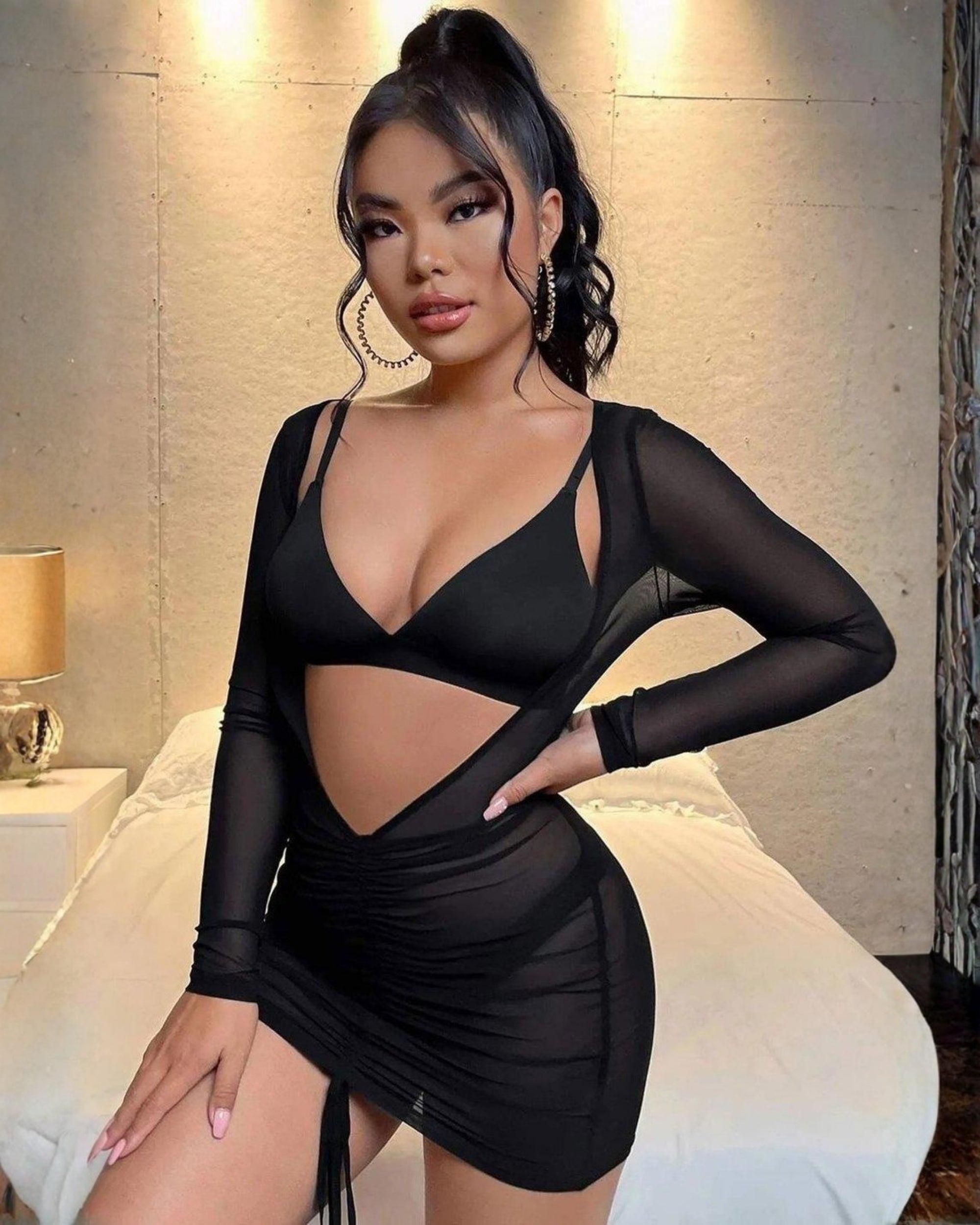 Fantezi Üçlü Gecelik Takımı Transparan Siyah