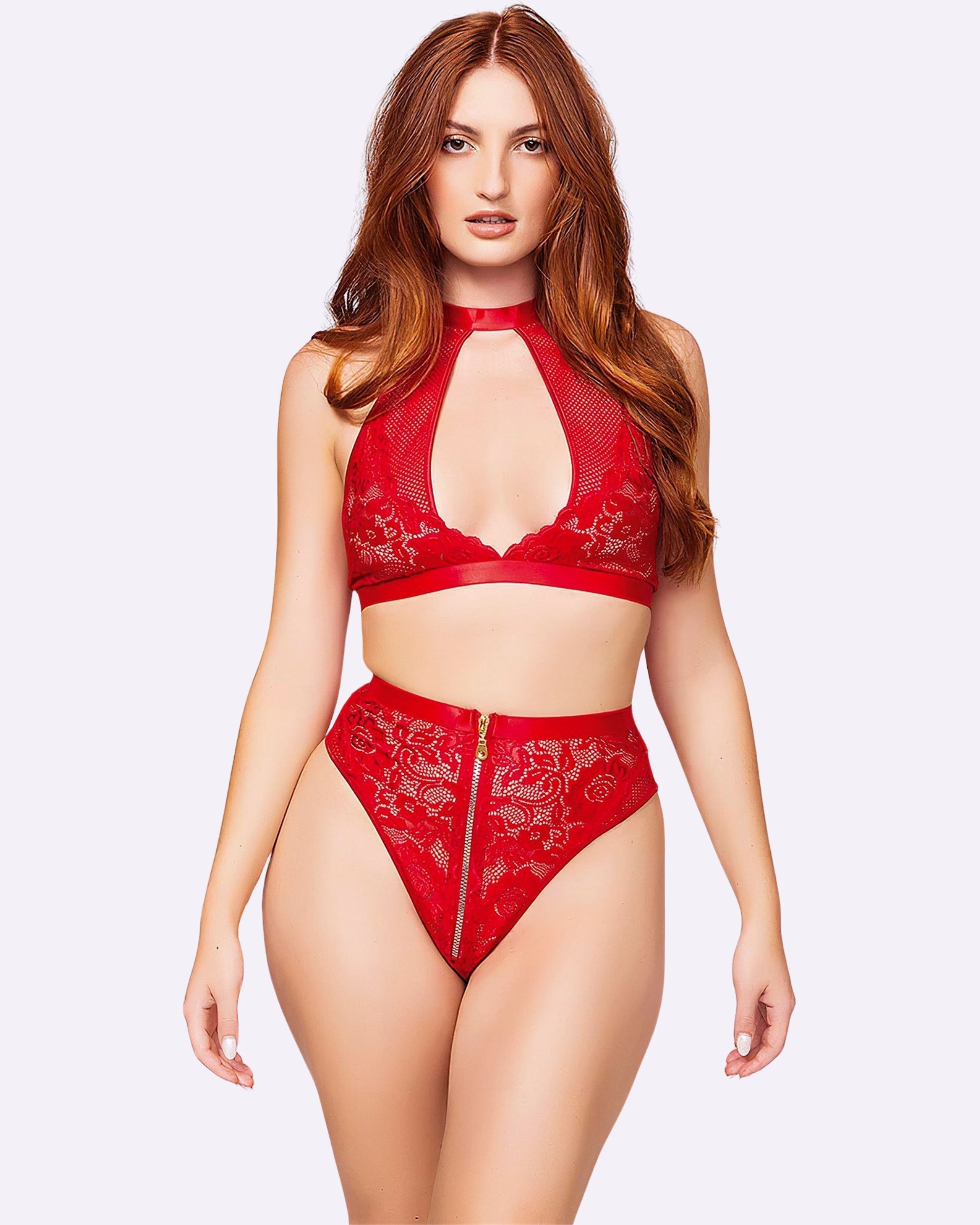 Fantezi Fermuarlı Sütyen Külot Takımı Kırmızı