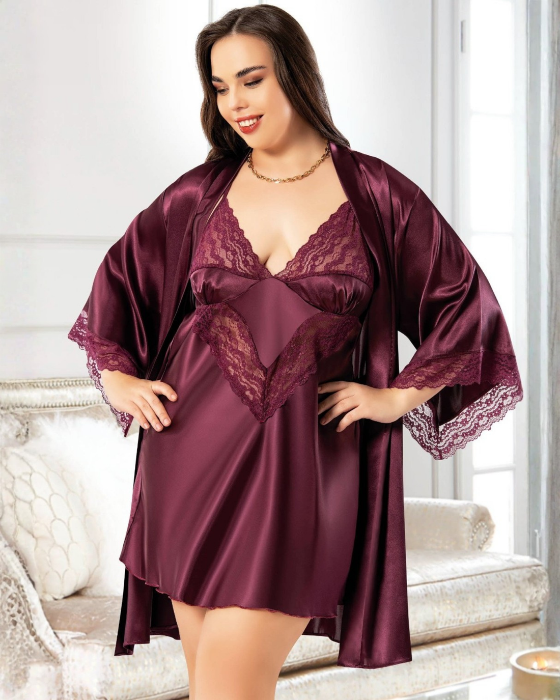 Saten Büyük Beden Gecelik Sabahlık Takım 6005