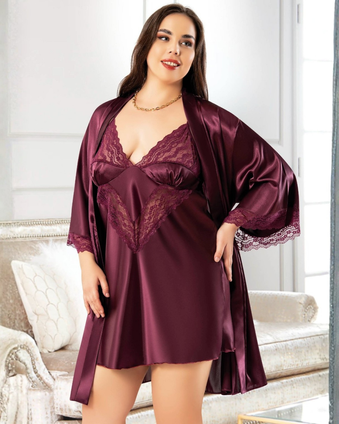 Saten Büyük Beden Gecelik Sabahlık Takım 6005