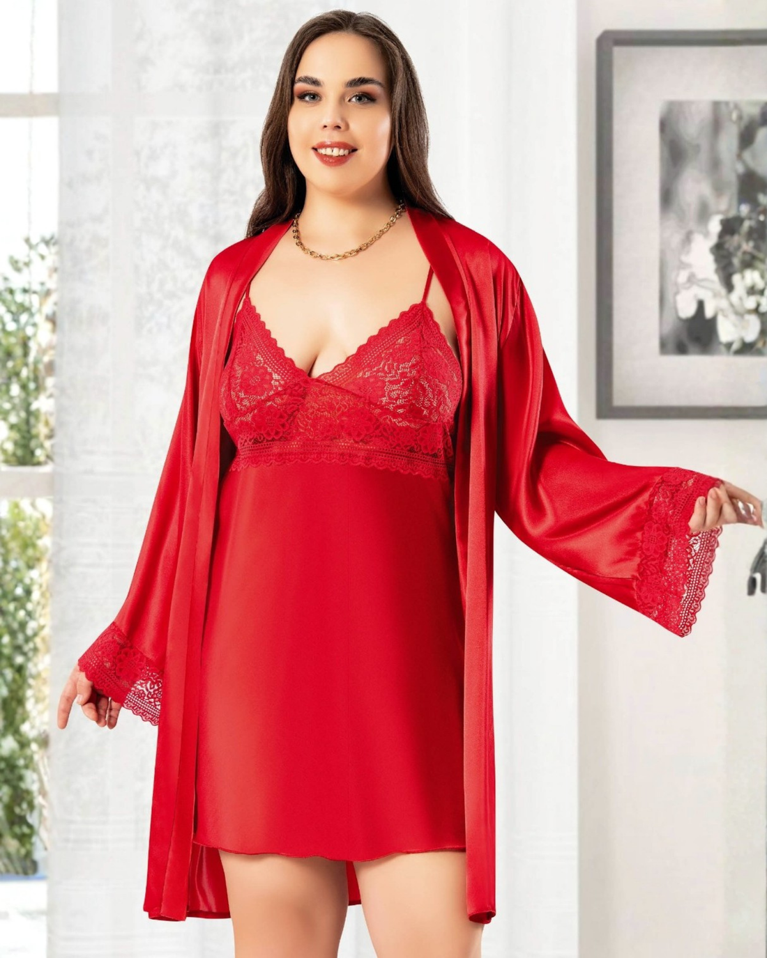 Saten Büyük Beden Gecelik Sabahlık Takım 6007