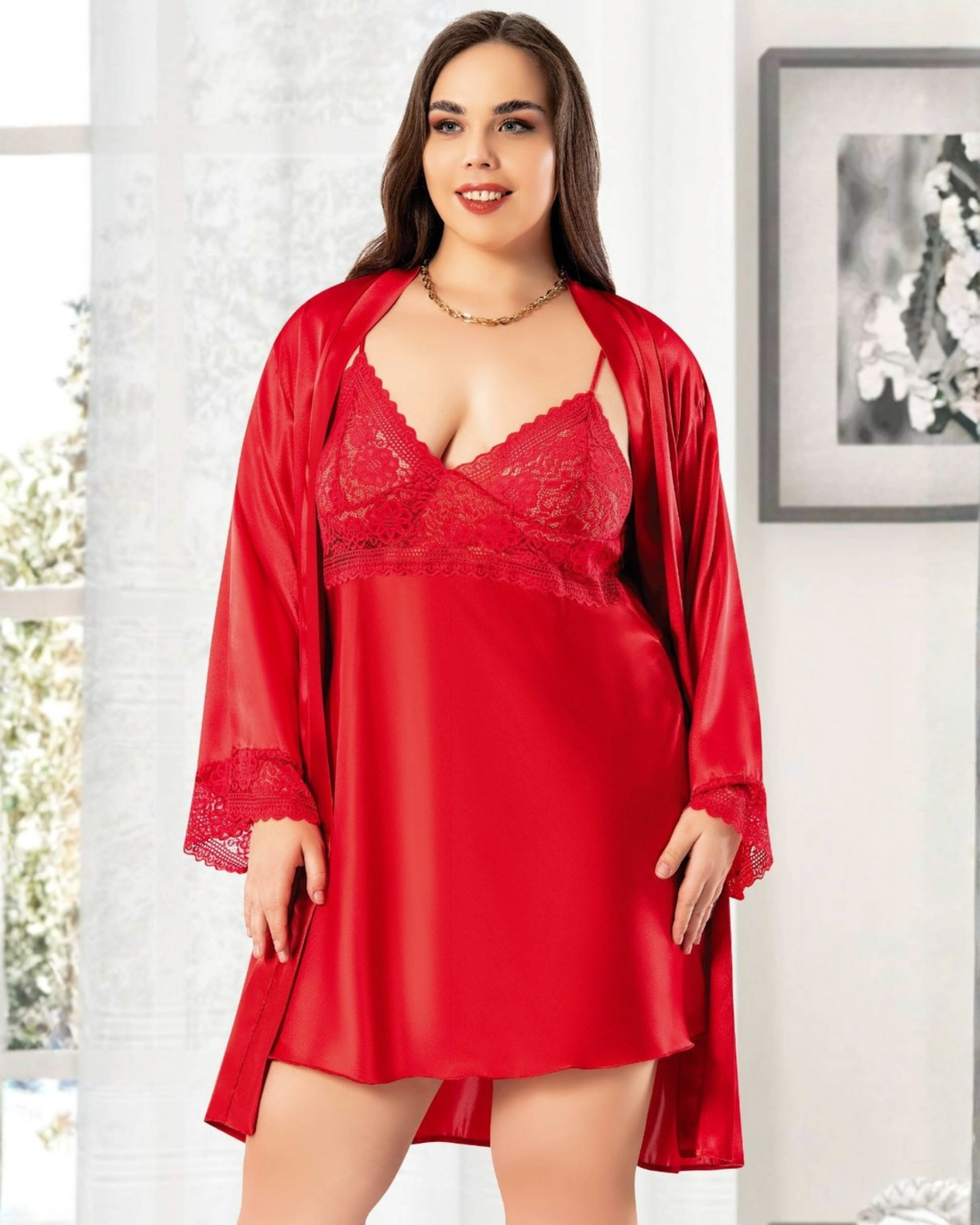 Saten Büyük Beden Gecelik Sabahlık Takım 6007