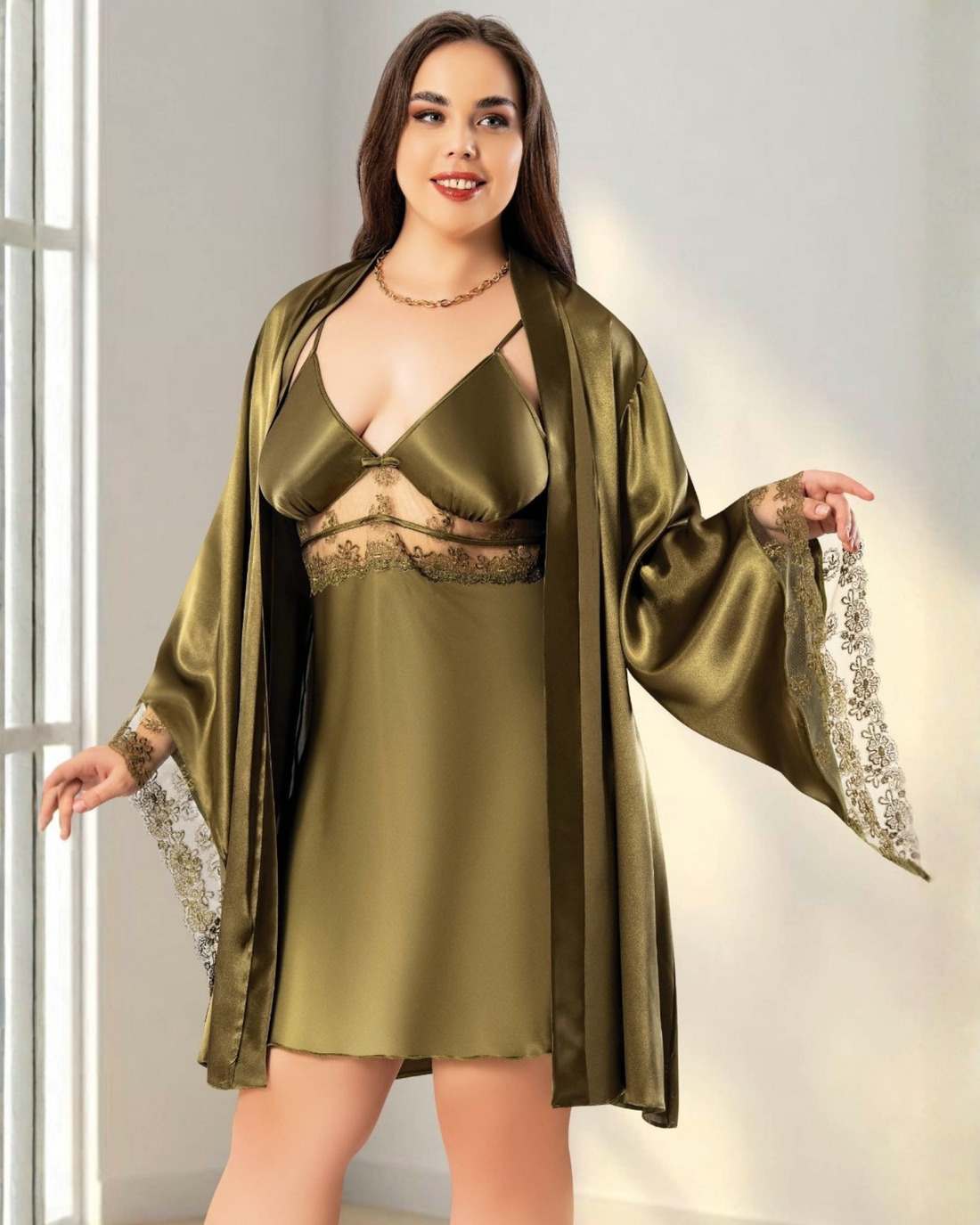 Saten Büyük Beden Gecelik Sabahlık Takım 6011