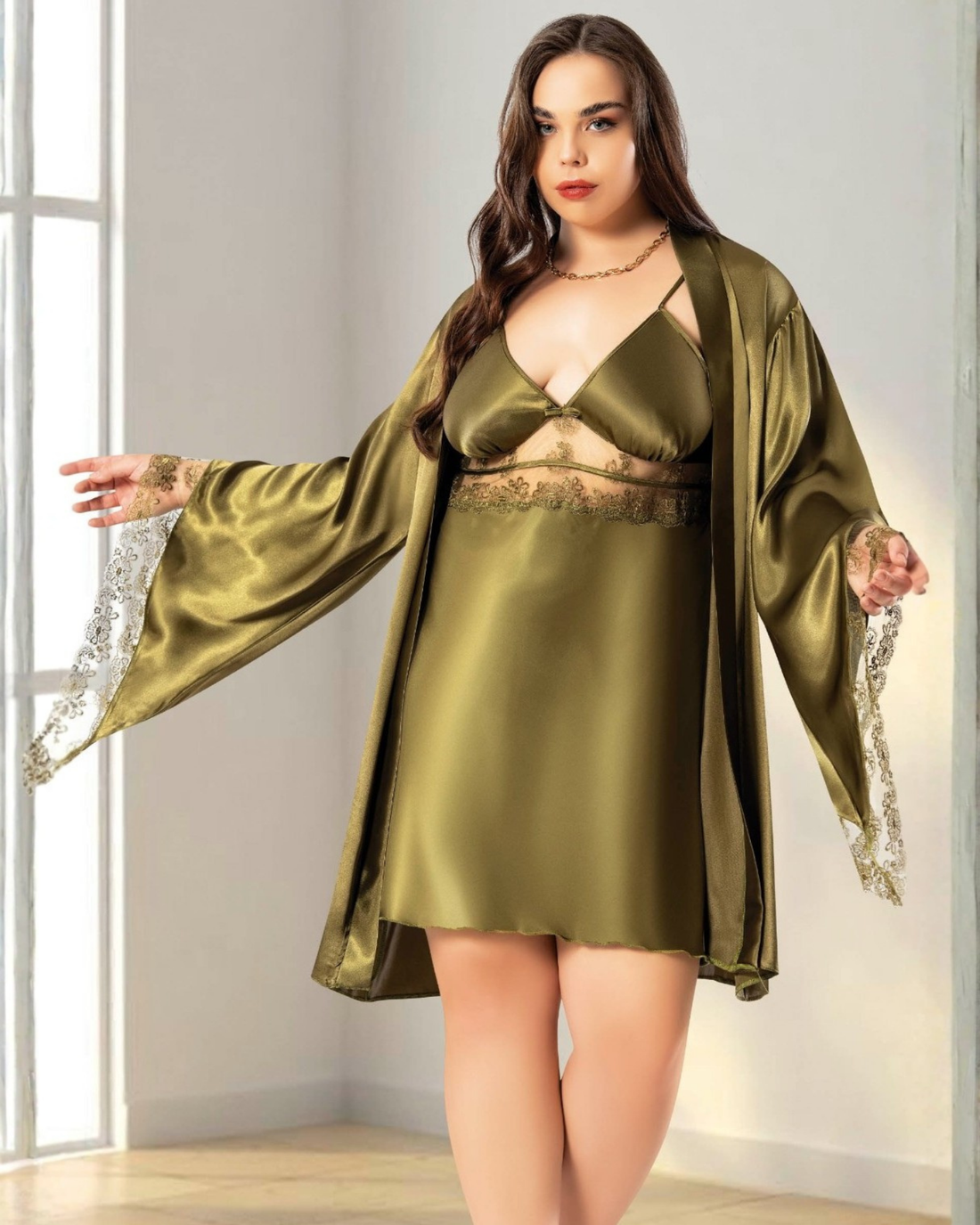 Saten Büyük Beden Gecelik Sabahlık Takım 6011