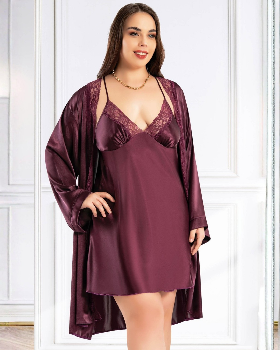 Saten Büyük Beden Gecelik Sabahlık Takım 6013