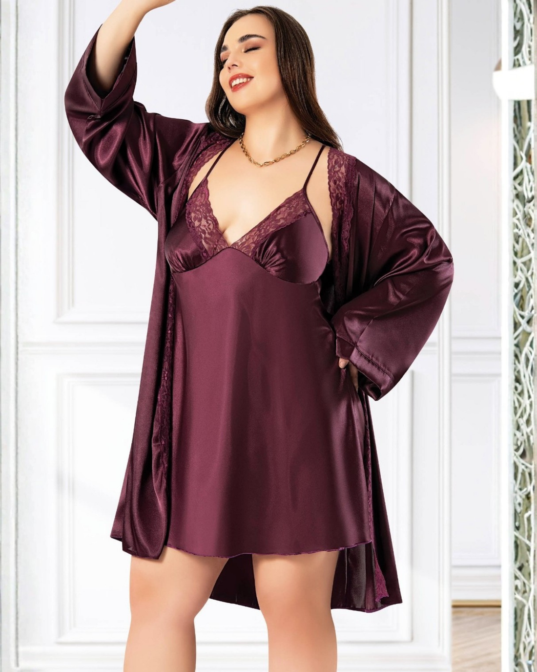 Saten Büyük Beden Gecelik Sabahlık Takım 6013