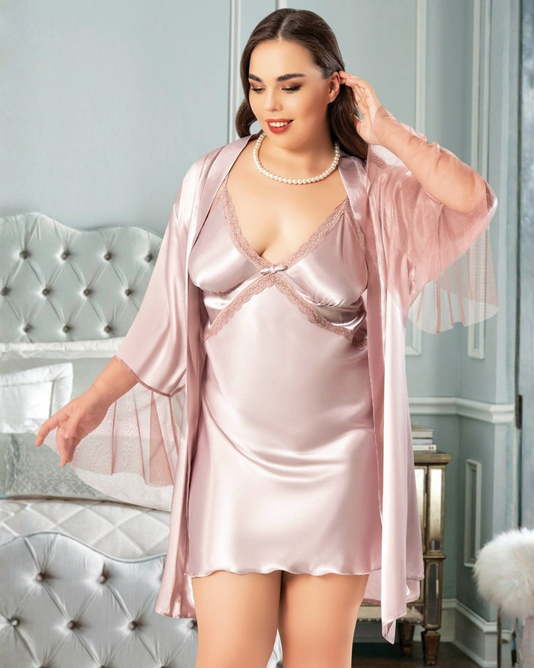 Saten Büyük Beden Gecelik Sabahlık Takım 6014