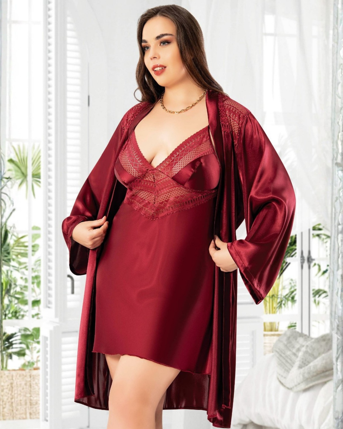 Saten Büyük Beden Gecelik Sabahlık Takım 6015