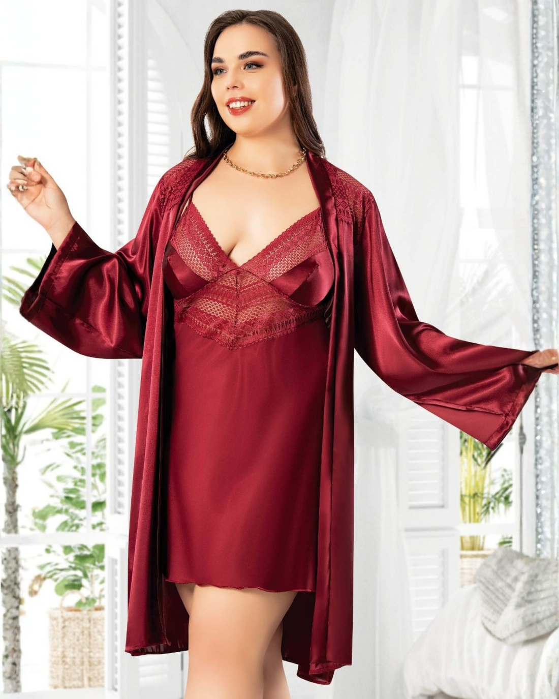 Saten Büyük Beden Gecelik Sabahlık Takım 6015