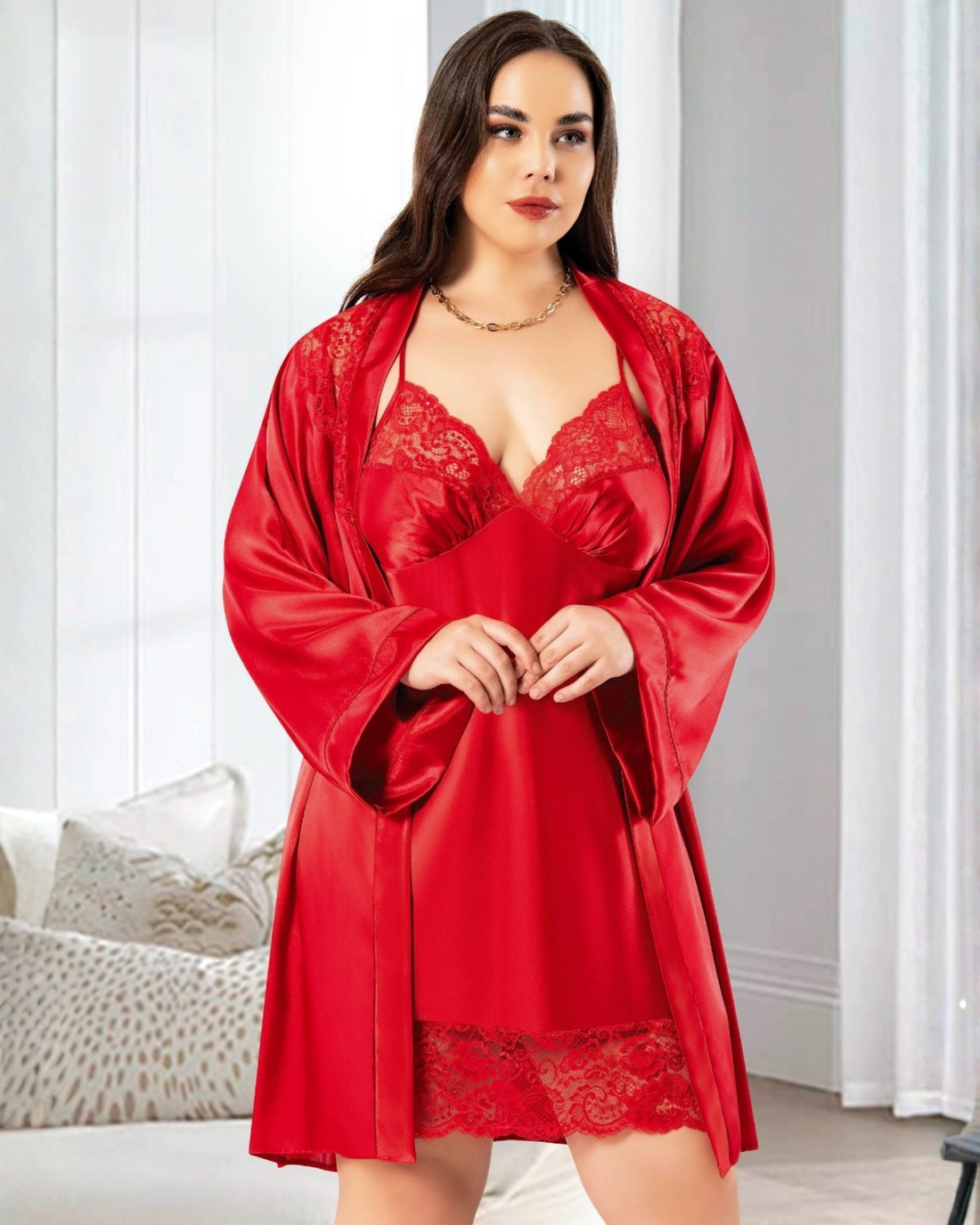 Saten Büyük Beden Gecelik Sabahlık Takım 6017