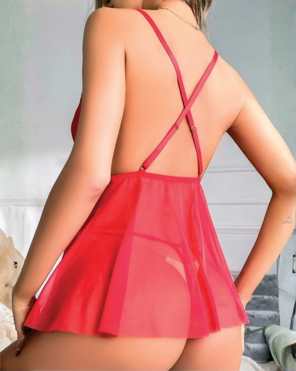 Fantezi Kırmızı Transparan Babydoll Gecelik 7044