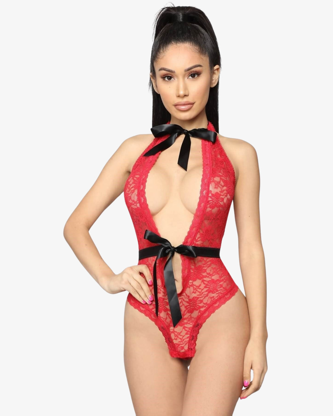 Kırmızı Dantel Fiyonklu Derin Dekolteli Bodysuit