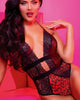 Kırmızı Leopar Desenli Dantel Detaylı Fantezi Bodysuit