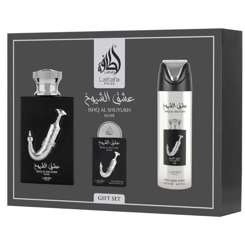 Lattafa Ishq Al Shuyukh Silver EDP 100 ml + EDP 20 ml +  Deodorant 200 ml Erkek Parfüm Seti
