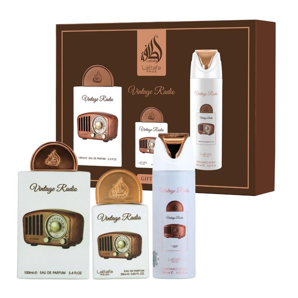 Lattafa Pride Vintage Radio EDP 100 ml + EDP 20 ml + 200 ml Deospray Unisex Parfüm Seti