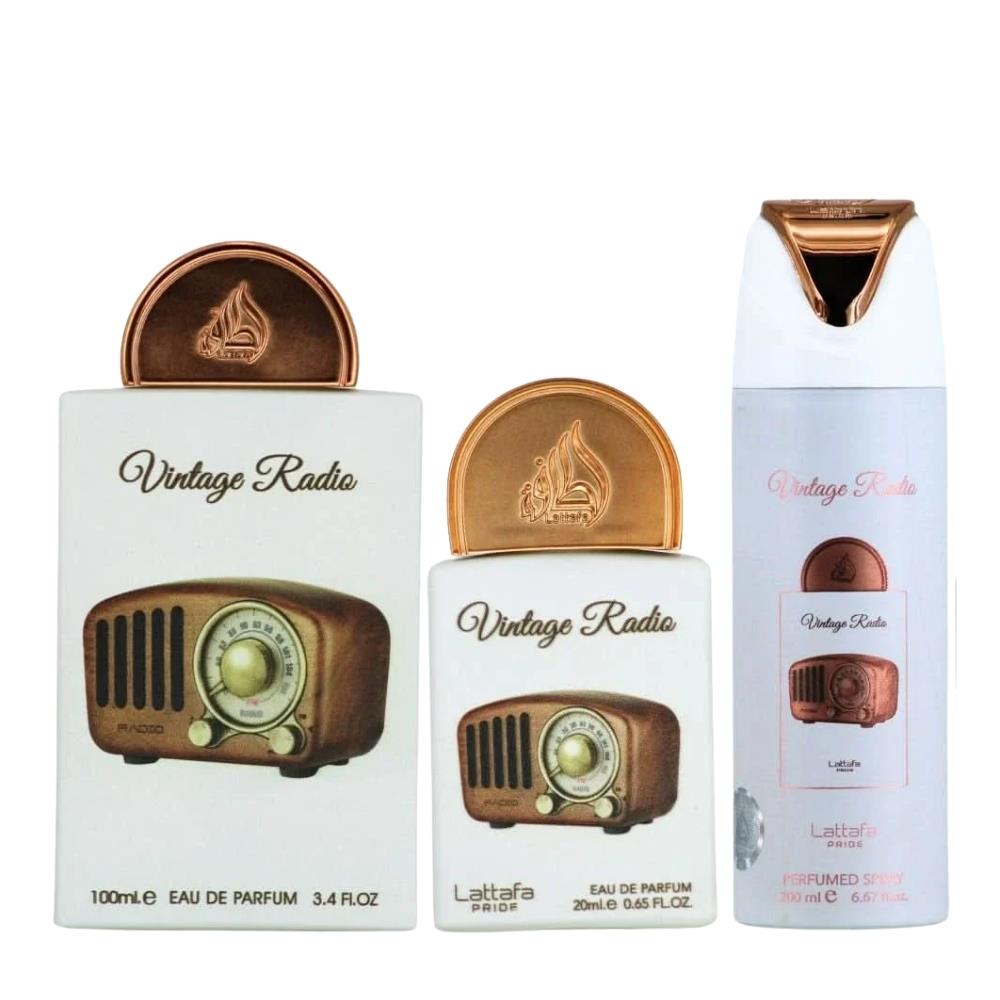 Lattafa Pride Vintage Radio EDP 100 ml + EDP 20 ml + 200 ml Deospray Unisex Parfüm Seti